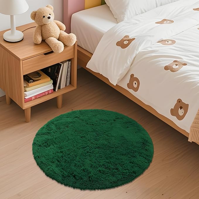 OLANLY Dark Green Round Rugs for Bedroom - Machine Washable, 2 ft Circle Area Rugs for Living Room, Soft and Fluffy Shaggy Carpet for Teen Girls and Boys, Nursery Rooms, Dorms, Home Decor Aesthetic