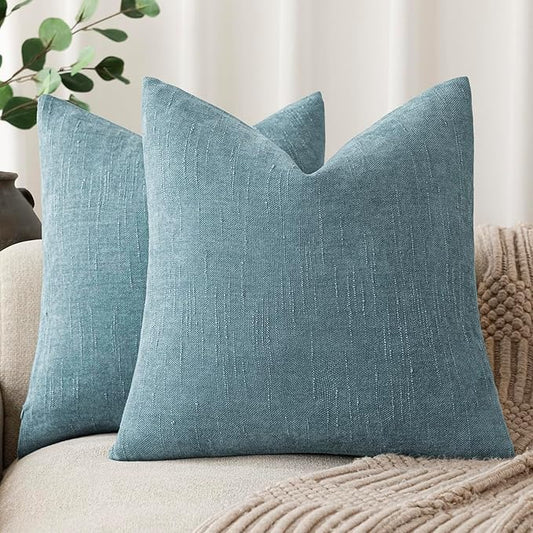 Foindtower Pack of 2 Textured Chenille Throw Decorative Pillow Covers Square Accent Solid Cushion Cover Neutral Farmhouse Pillow Case for Couch Sofa Bedroom Living Room 18x18 Inch,Light Blue