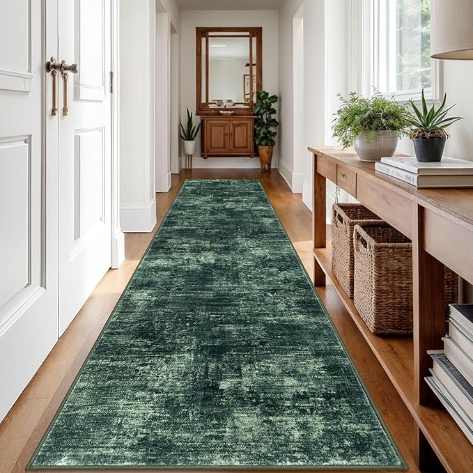 IOHOUZE Abstract Runner Rug 3x12 Ft Washable Runners for Hallways, Non Slip Kitchen Runner Printed Faux Wool Entryway Runner Indoor, Modern Abstract Floor Carpet for Hall Kitchen, Dark Green