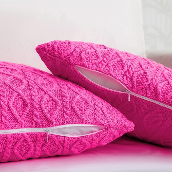 Homiest Hot Pink Cable Knit Throw Blanket Set of 3, 50"x60" Blanket & 2x18"x18" Pillow Covers, Soft & Cozy Acrylic Blanket for Couch, Bed, Sofa