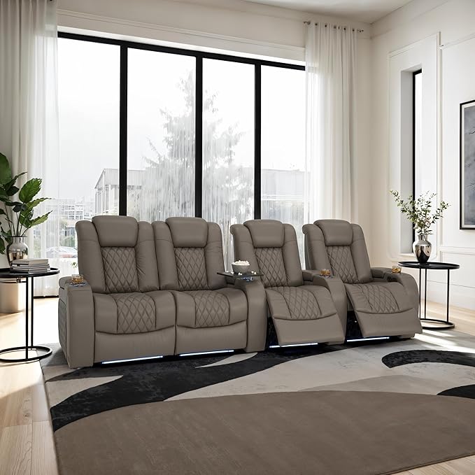 Seatcraft Diamante Zero-Gravity CoolZero Italian Leather Home Theater Seating, Power Headrest, Power Recline, Row of 4 Left Loveseat, Gray