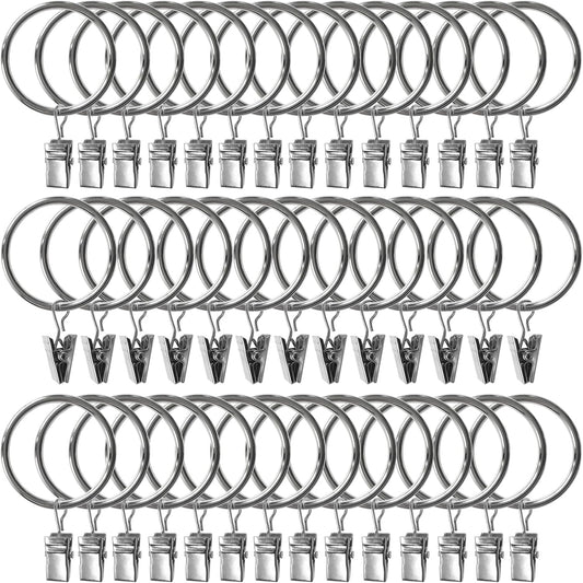 40 Pack Metal Curtain Rings with Clips, Drapery Clips Hooks, Decorative Curtain Rod Clips 1.5 in Interior Diameter, Silver