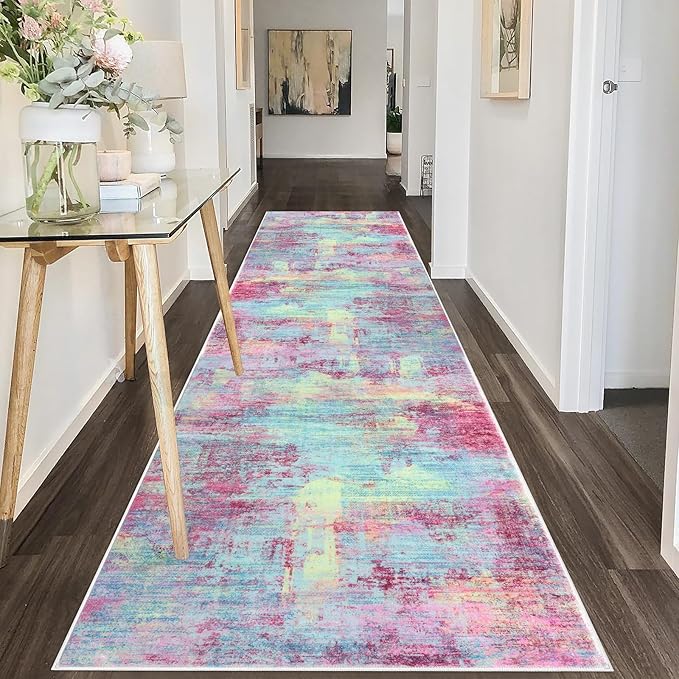 IOHOUZE Abstract Runner Rug 3x10 Ft Washable Runners for Hallways, Non Slip Kitchen Runner Printed Faux Wool Entryway Runner Indoor, Modern Abstract Floor Carpet for Hall Kitchen Bedroom, Pink Teal