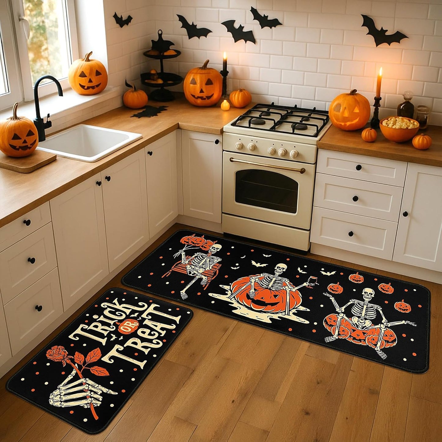 2 Piece Halloween Kitchen Decor Rugs Set,Skeleton Pumpkin Kitchen Rugs and Mats Non Skid Washable Absorbent Kitchen Accessories Decoration Floor Mats 17"x47"+17"x30"