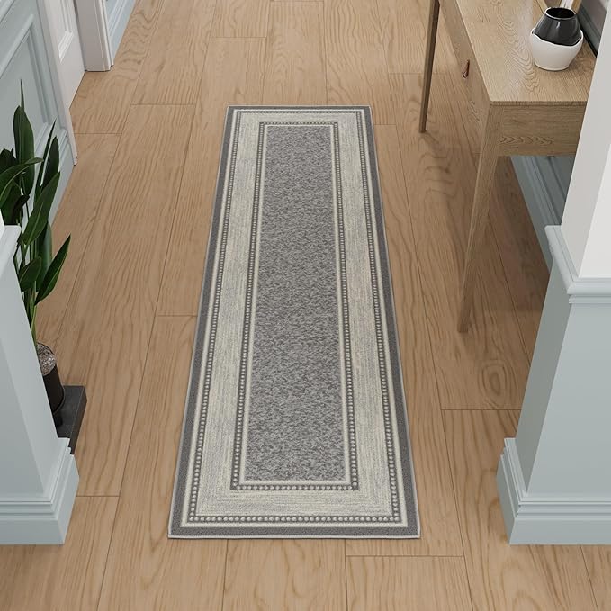 Ottomanson Hallway Runner Rug 1'10" x 7' Non Slip Border Area Rugs Easy to Clean Laundry Rug Runner Durable & Pet Friendly Floor Carpet Runners for Hallways Entryway Living Room Kitchen, Light Gray