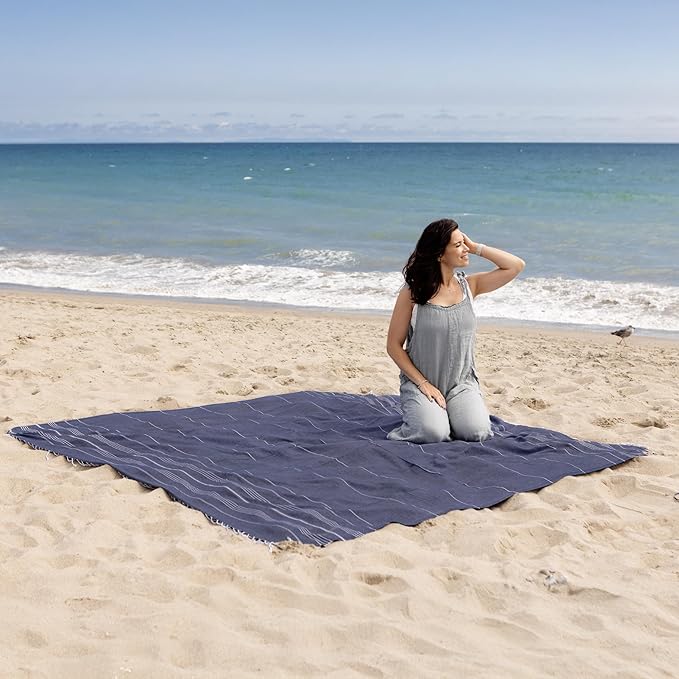 WETCAT Turkish Beach Blanket Sandproof (82"x82") 100% Turkish Cotton, Made in Turkey - Sand Free, Ultra Soft, Extra Large Throw for Picnic – Dark Blue