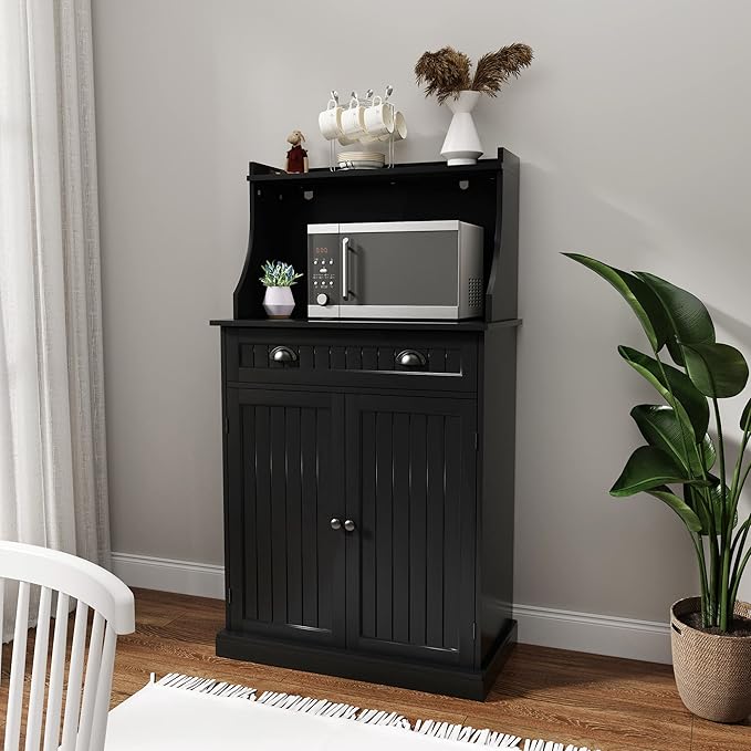 54" Freestanding Kitchen Pantry Storage Cabinet with Doors and Adjustable Shelves, Microwave Oven Cabinet with Drawer for Kitchen, Bathroom or Hallway,Black