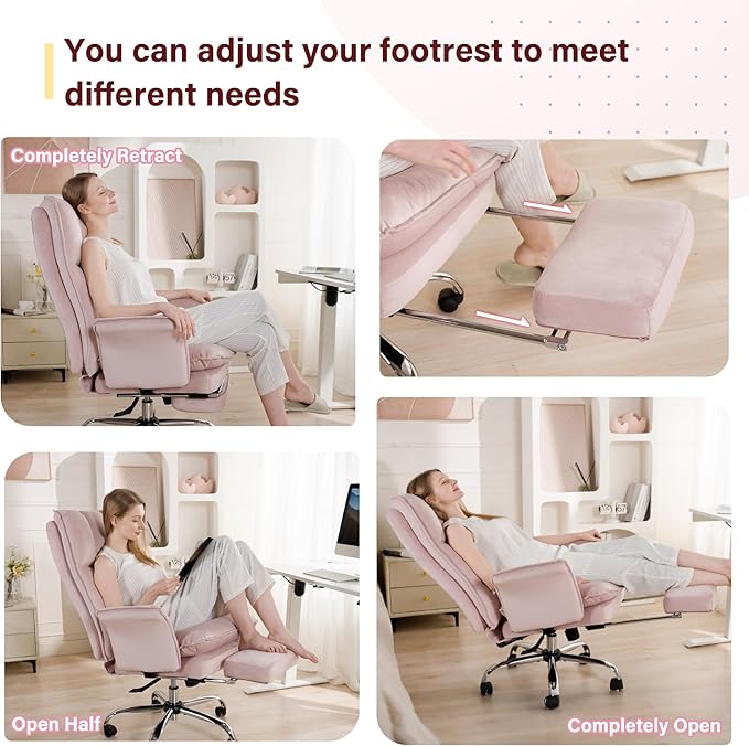 Office Chair, Modern Home Office Desk Chairs with Wheels and Retractable Footrest, Adjustable Backrest Velvet High Back Office Chair, Computer Chairs for Bedroom (Light Pink)