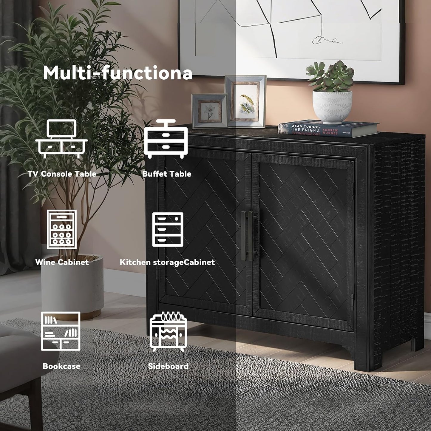 HMFULE 40" Sideboard Cabinet 2-Doors Solid Wood, Retro Buffet Cabinet with Storage Adjustable Shelf, Console Table Accent for Hallway, Living Room, Dining Room, Kitchen, Entry Way (Black)