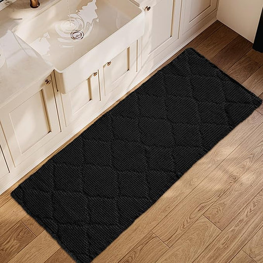 ZALL Black Waffle Bath Mat,Super Absorbent Non Slip Bathroom Rug,Brown 24X72 inch, Geometric Diamond Machine Washable Ultra Soft Floor Mats