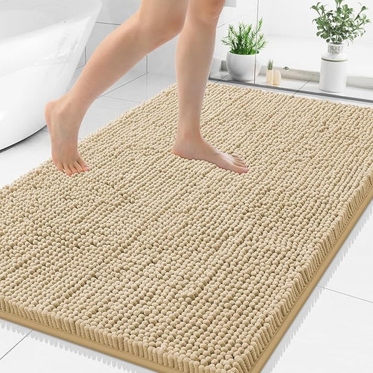 Smiry Luxury Chenille Bathroom Rugs 48x32, Extra Soft and Absorbent Shaggy Bath Mat, Machine Washable, Non-Slip Plush Carpet Runner for Tub, Shower, and Floor, Home Decor Accessories, Beige