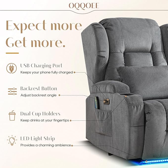 Wall Hugger Power Recliner Chair, Home Theater Seating Electric Recliing Sofa with Massage & Heat, Cup Holder, USB Port, LED Ambient Light, Storage for Living Room (Grey, Chair + Console)
