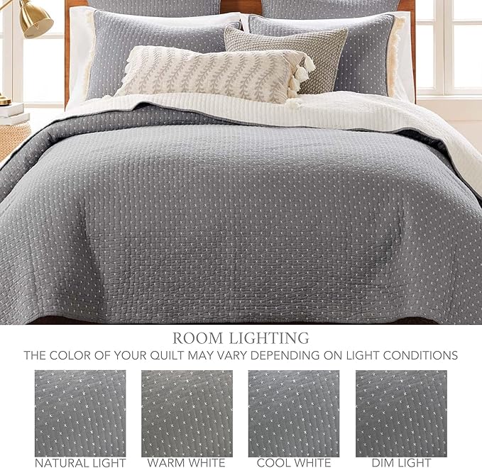 Levtex Home Cross Stitch Reversible Twin XL/Twin Quilt Set (68x86in) with 1 Pillow Sham (26x20in) - Stitch Texture - Grey and White - Cotton Twin Size Quilt Bedding Set - Lightweight Soft Pre-Washed