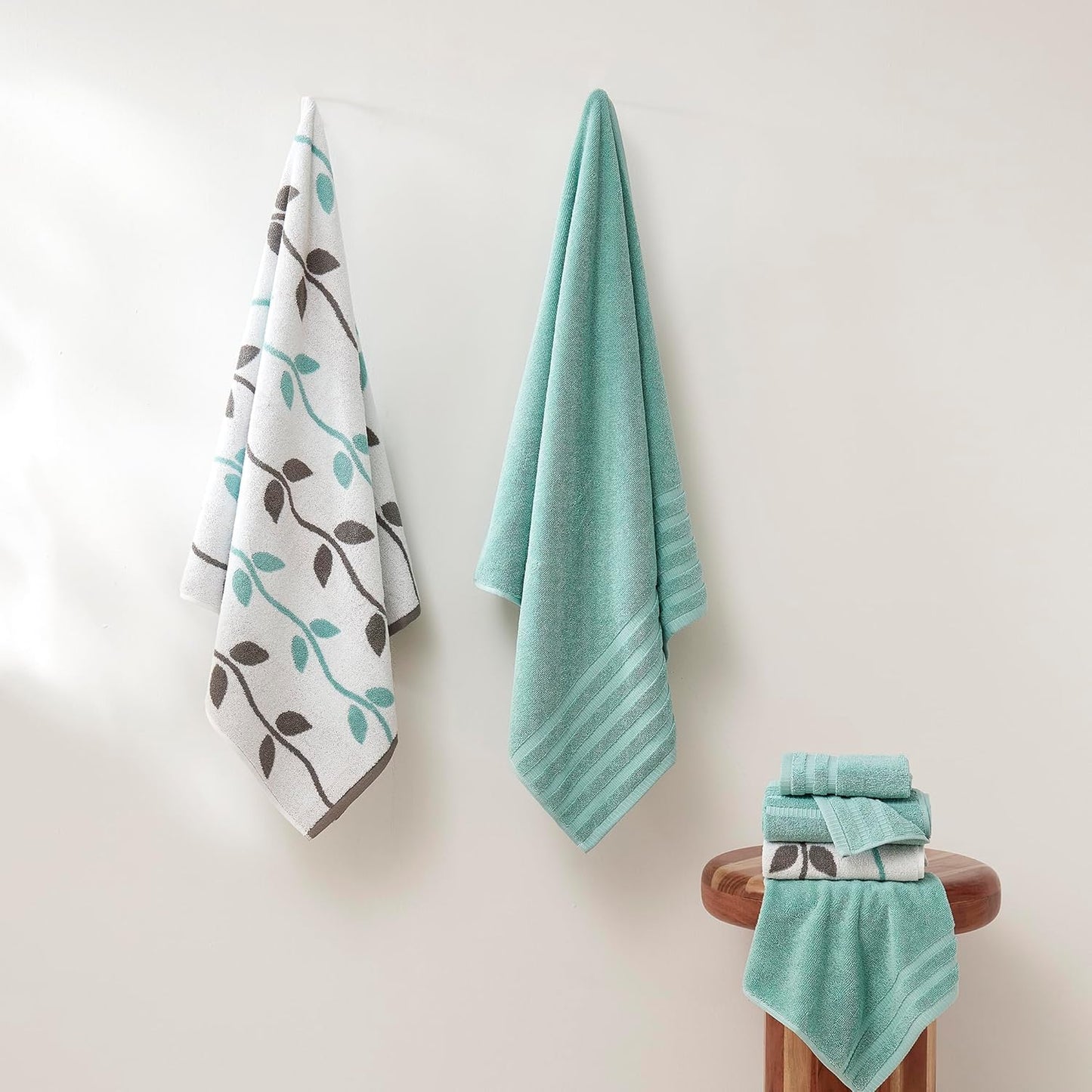Modern Threads Organic Vines 6-Piece 100% Cotton Towel Set – Yarn Dyed Jacquard & Solid – Includes 2 Bath Towels, 2 Hand Towels, 2 Washcloths – Absorbent, Quick Dry, Soft & Durable – Aqua
