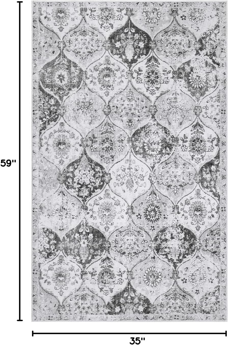Lahome Moroccan Trellis Washable Small Area Rug, 3x5 Area Rug for Bedroom Living Room, Non-Slip Oriental Accent Throw Carpet for Kitchen Office Entryway Bathroom Office, Silver/Grey