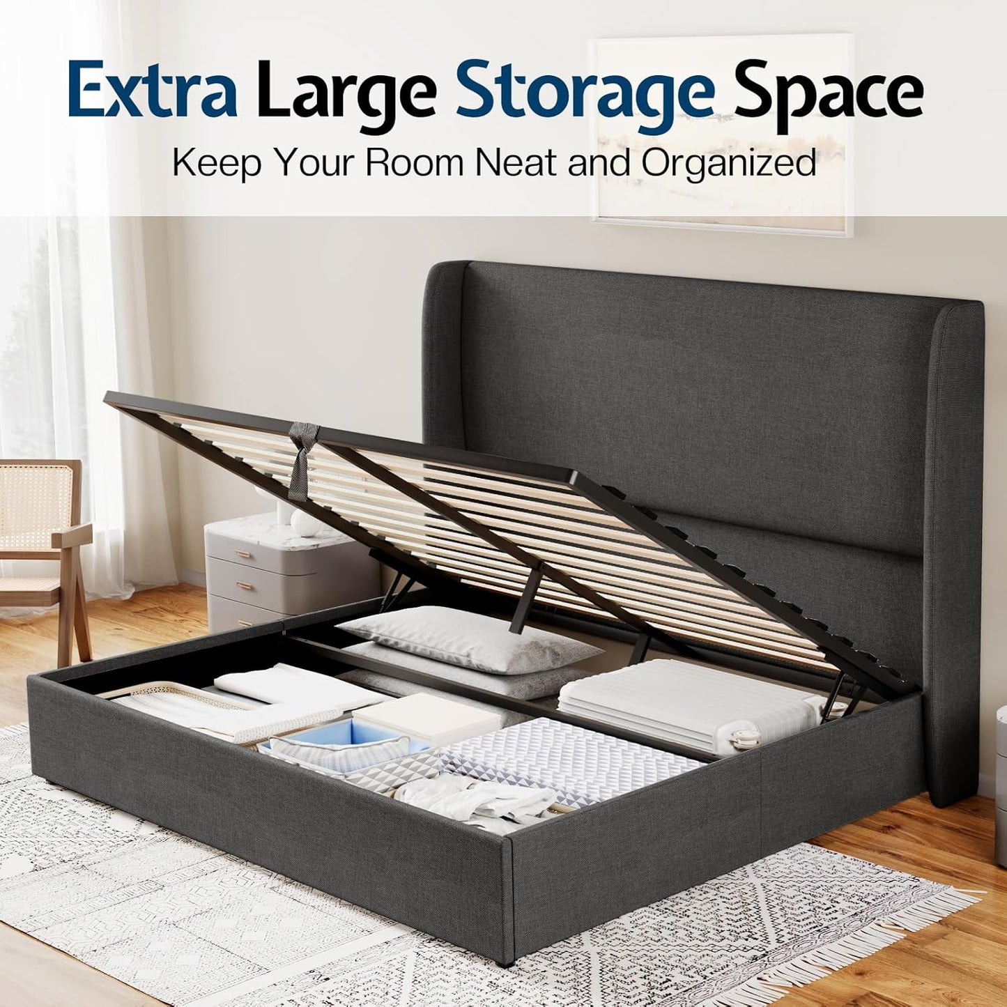 Jocisland Lift Up Storage Bed Queen Size Linen Upholstered Platform Bed Frame/Hydraulic Storage/Modern Wingback Headboard/No Box Spring Needed/Wood Slats Support/Dark Grey