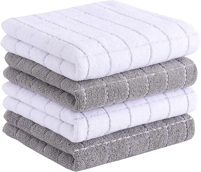 Homaxy 100% Cotton Terry Kitchen Towels(Mixed Color, 13 x 28 Inches), Checkered Designed, Soft and Super Absorbent Dish Towels, 4 Pack