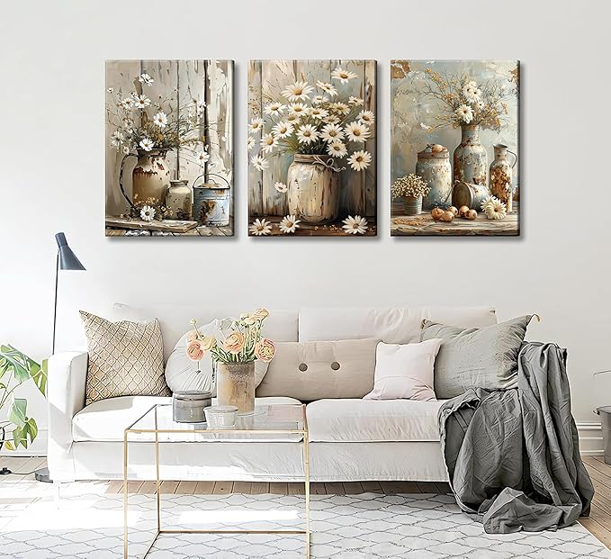 Rustic Farmhouse Daisy Flower Canvas wall art Vintage Country Floral Poster Print Artwork Modern Still Life Nature Botanical Wall Decor for Bedroom, Living Room Bathroom Scene Furniture Decoration
