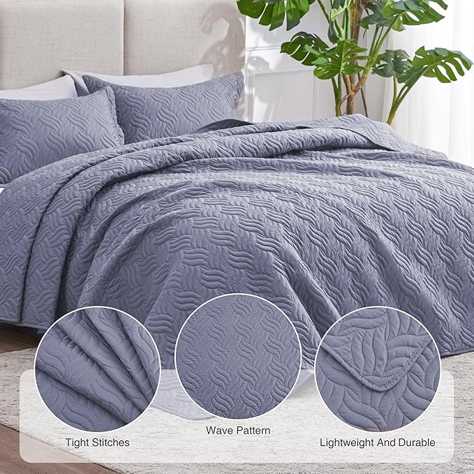 Love's cabin California King Size Quilt Bedding Set Blue Bedspread - Cal King Summer Lightweight Bedspread Comforter - Wave Pattern Coverlet for All Season - 3 Pieces (1 Quilt, 2 Pillow Shams)