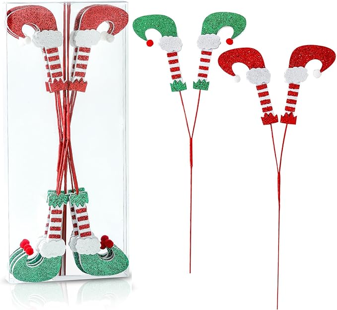 8Pcs Christmas Elf Feet Picks - Red White/Red Green Tree Decoration Ornaments for Home Office Party