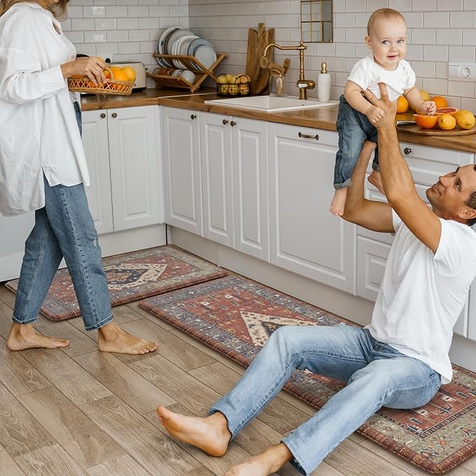 KIMODE Farmhouse Kitchen Mats,Anti Fatigue Kitchen Rugs Sets of 2, Non Slip Waterproof Kitchen Floor Mats, Ergonomic Cushioned Comfort Standing Mat for Laundry, Office, Sink,Desk,Red