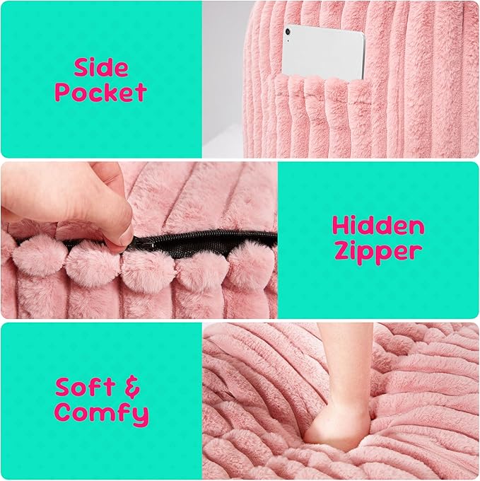 Hobestluk Bean Bag Chairs 2.5FT Bean Bag Chair with Memory Foam Filled & Stripe Plush Cover Small Bean Bag Chairs for Playroom, Living Room, Bedroom (Pink)