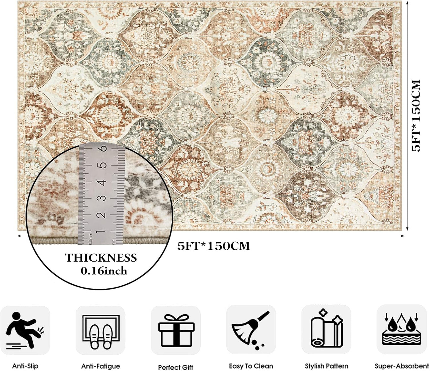 Lahome Moroccan Trellis Small Area Rug, 3x5 Washable Rug for Bedroom Living Room, Non-Slip Oriental Accent Throw Carpet for Kitchen Office Entryway Bathroom Office, Khaki