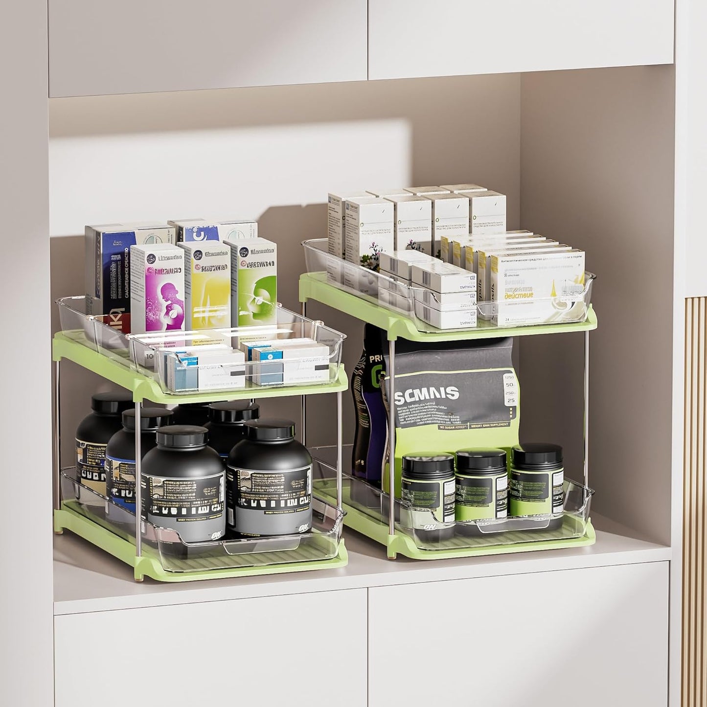 Delamu 2 Sets of 2-Tier Multi-Purpose Bathroom Under Sink Organizers and Storage, Stackable Kitchen Pantry Organization, Pull Out Medicine Cabinet Organizer with 8 Movable Dividers, Green