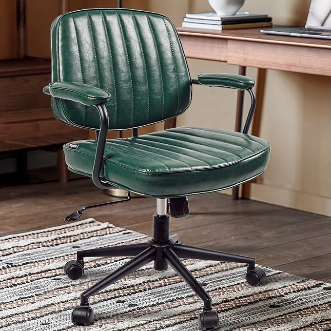 Artswish Mid Century Office Desk Chair - Green Leather Home Office Chair with Wheels and Arms