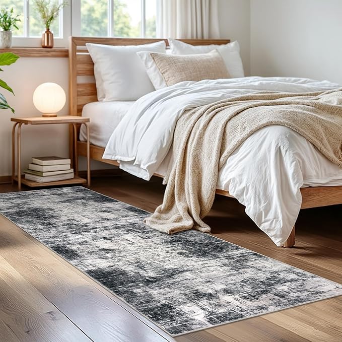 IOHOUZE Abstract Runner Rug 2x6 Ft Washable Runners for Hallways, Non Slip Kitchen Runner Printed Faux Wool Entryway Runner Indoor, Modern Abstract Floor Carpet for Hall Kitchen Bedroom, Black Gey