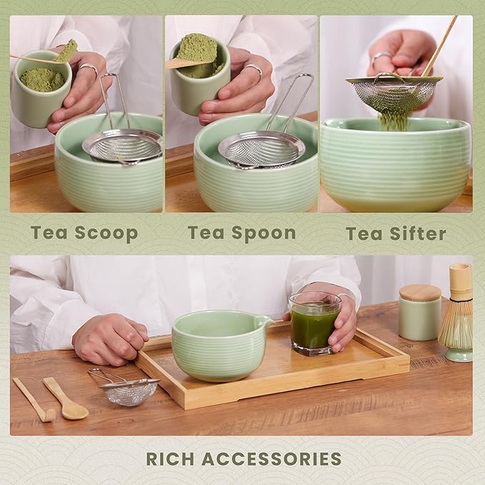Matcha Whisk Set, Ceramic Matcha Set Includes Matcha Bowl, Matcha Whisk (Chasen) and Holder, Sifter, Bamboo Scoop & Spoon - 6 Pcs Matcha Kit for Matcha Lovers Pink