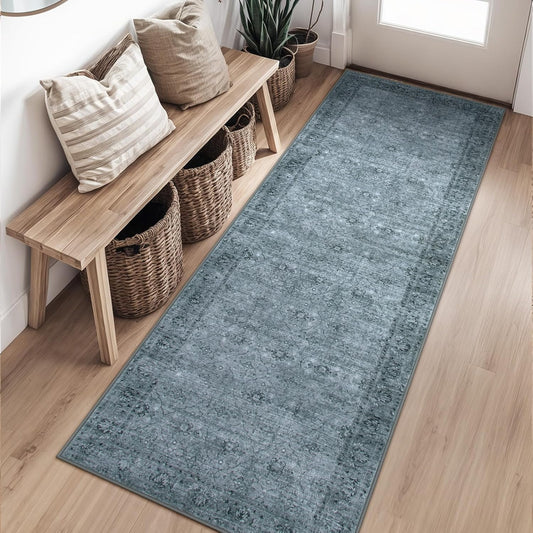 Grey Washable 2x6 Kitchen Runners, Boho Hallway Runner Rug Non Slip with Rubber Backed, Soft Low Pile Throw Carpet for Entryway Bedroom Bedside Entrance(2'x6', Dark Grey)