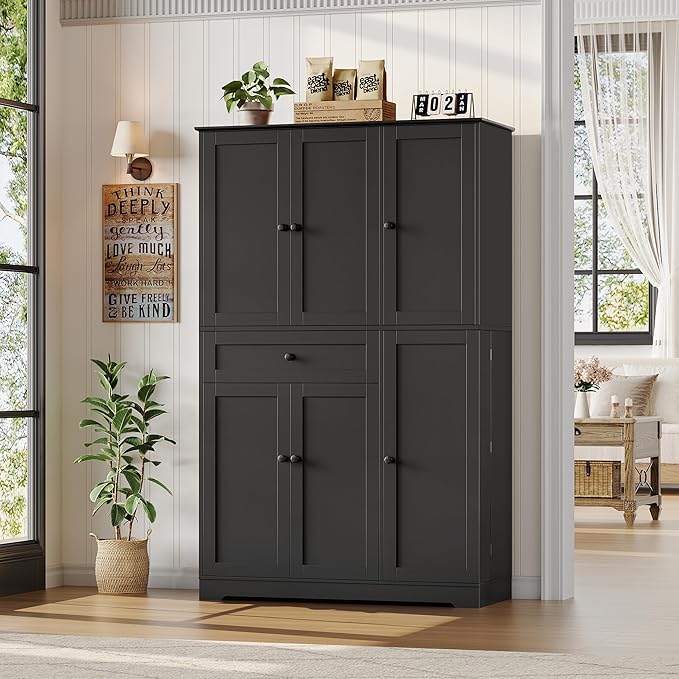 HOSTACK 68" Tall Kitchen Pantry Storage Cabinet, Modern Kitchen Hutch Cabinet with Doors and Shelves, Freestanding Food Pantry with Large Storage Drawer for Dining Room, Living Room, Black