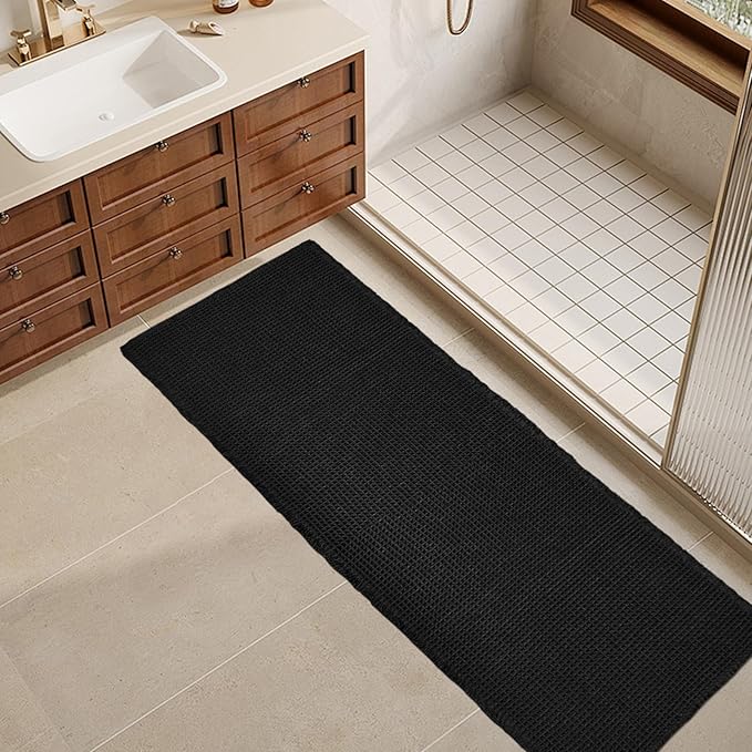 ZALL Waffle Bath Mat Black Super Absorbent Non Slip Bathroom Rug,Rhombus Geometric 24X60inch,Machine Washable Ultra Soft Floor Mats