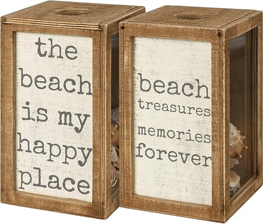 Primitives by Kathy Seashell Holder - Coastal Decor, Glass Display, Treasure Chest, Room and Bedroom Decor, Brown Wood