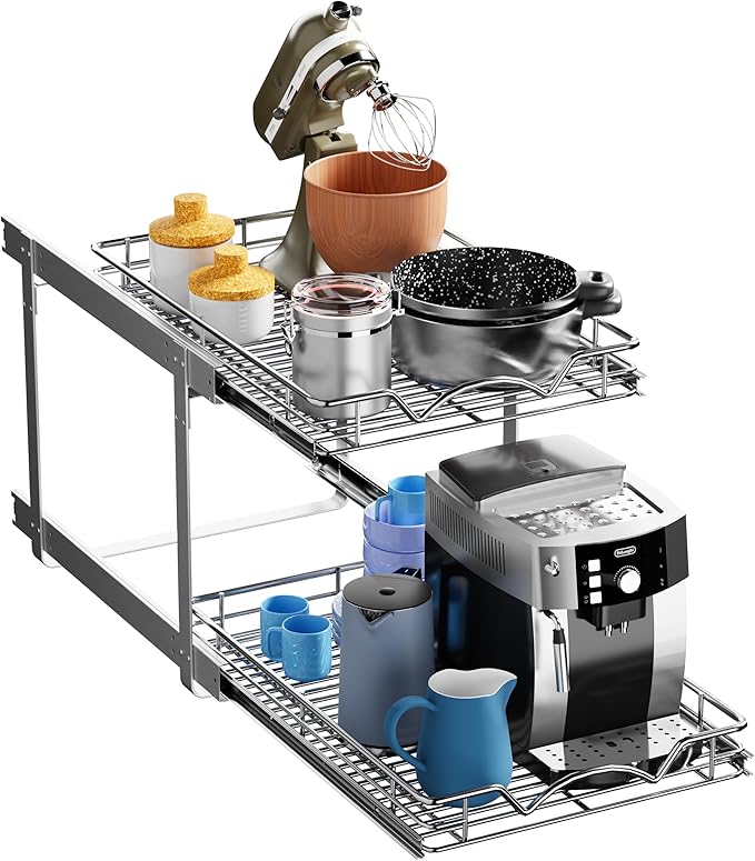 HOLDN’ STORAGE Two Tier Pull Out Cabinet Organizer, Individual Sliding Drawers - Heavy Duty Metal with Lifetime Limited Warranty - Anti Rust Chrome Finish - 15.5" W x 21”D x 16.5" H