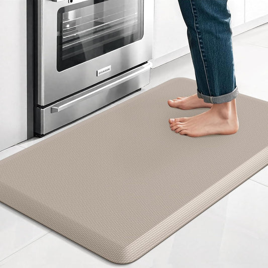 Kitchen Mat, Cushioned Thick Floor Comfort Mat, with Non-Slip Bottom, Waterproof & Stain Resistant & Easy Clean, Standing Desk Mat for Kitchen, Sink, Office (17.3''x28'', Khaki)