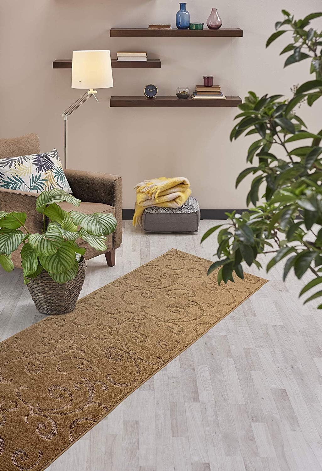 Custom Length Hallway Runner Rug,Slip Resistant,Scroll Brownish Beige, 26 Inch X 14 feet, Sold and Priced Per Foot
