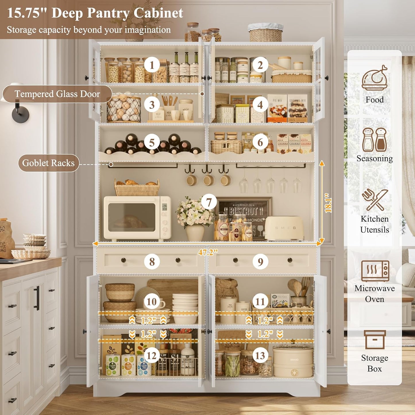 HOSTACK 75.4" Tall Kitchen Pantry Cabinet with Charging Station, Modern White Kitchen Hutch with Microwave Stand and Wine Racks, Large Food Pantry Storage Cabinet with Glass Doors and Drawers, White