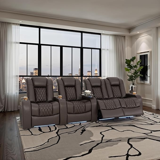 Seatcraft Diamante Zero-Gravity CoolZero Italian Leather Home Theater Seating, Power Headrest, Power Recline, Row of 4 Right Loveseat, Brown