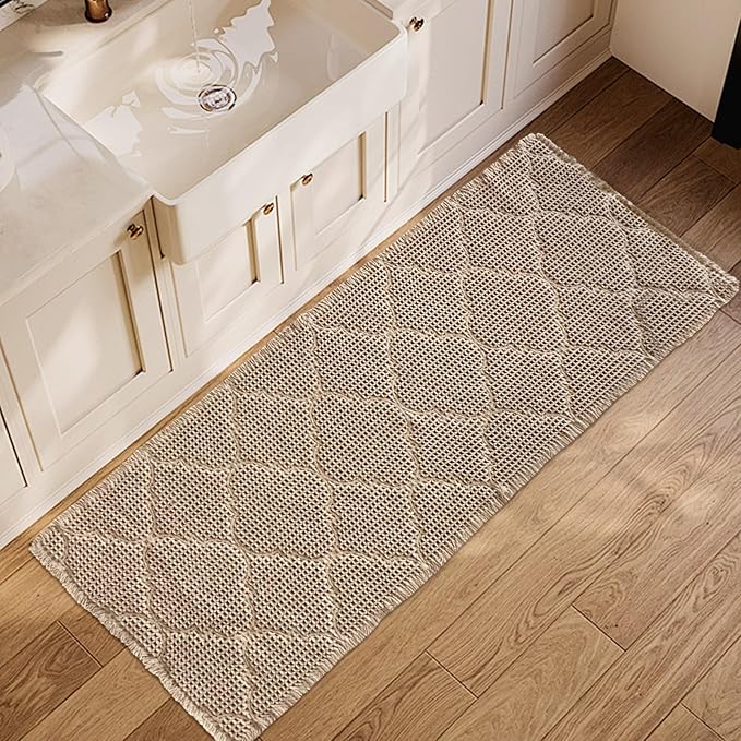 ZALL Tan Waffle Bath Mat,Super Absorbent Non Slip Bathroom Rug,Brown 24X72 inch, Geometric Diamond Machine Washable Ultra Soft Floor Mats