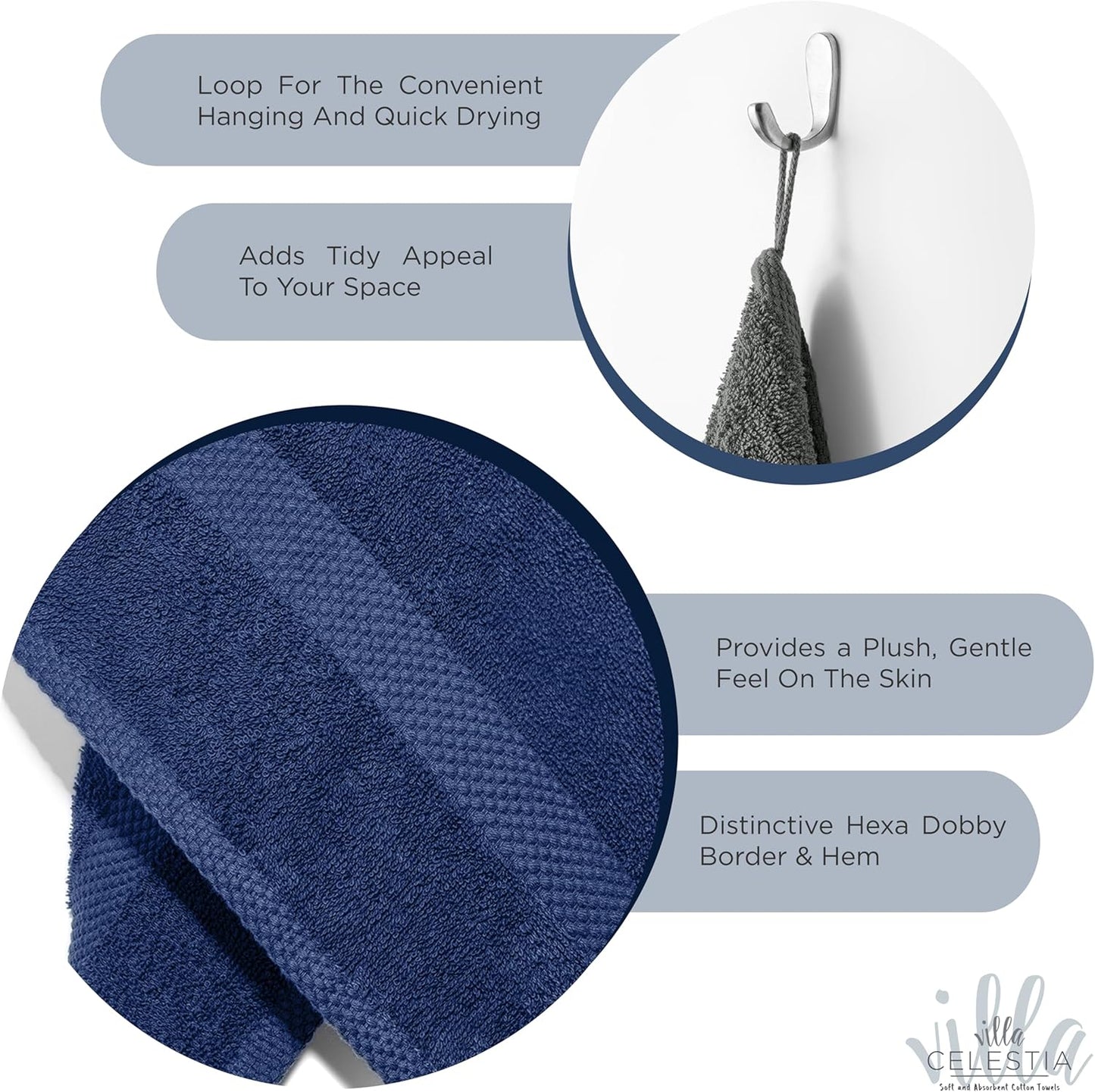 100% Combed Cotton Bathroom Towel Set of 6- 2 Bath Towels, 2 Hand Towels, 2 Wash Cloths, Sustainable, Soft, Highly Absorbent 6 Piece Cotton Bath Towel Set for Hotels, Spa, Bathroom, Dorm, Navy Blue