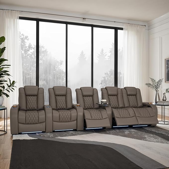 Seatcraft Diamante Zero-Gravity CoolZero Italian Leather Home Theater Seating, Power Headrest, Power Recline, Row of 5 Right Loveseat, Gray