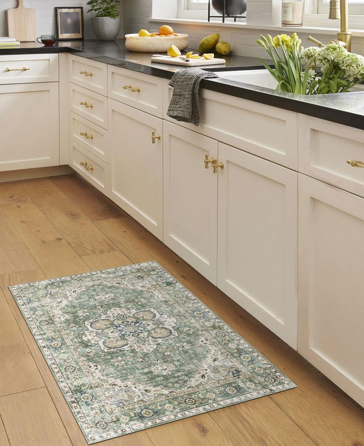 2x3 Rugs for Entryway - Washable Doormat Ultra-Thin Sage Green Oriental Non-Slip Kitchen Rugs Boho Tribal Low-Pile Floor Carpet Vintage Throw Rug for for Indoor Front Entrance Bathroom