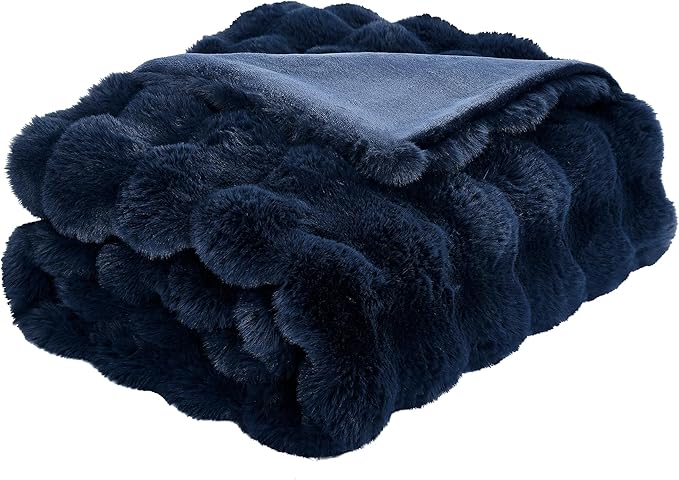 JONIYEAR Super Large Soft Fuzzy Bubble Faux Rabbit Fur Bed Blanket Queen Size 80" x 90",Decorative Big Thick Warm Fluffy Blanket for Winter,Luxury Cute Cozy Plush Shaggy Comfy Furry Blankets,Navy Blue