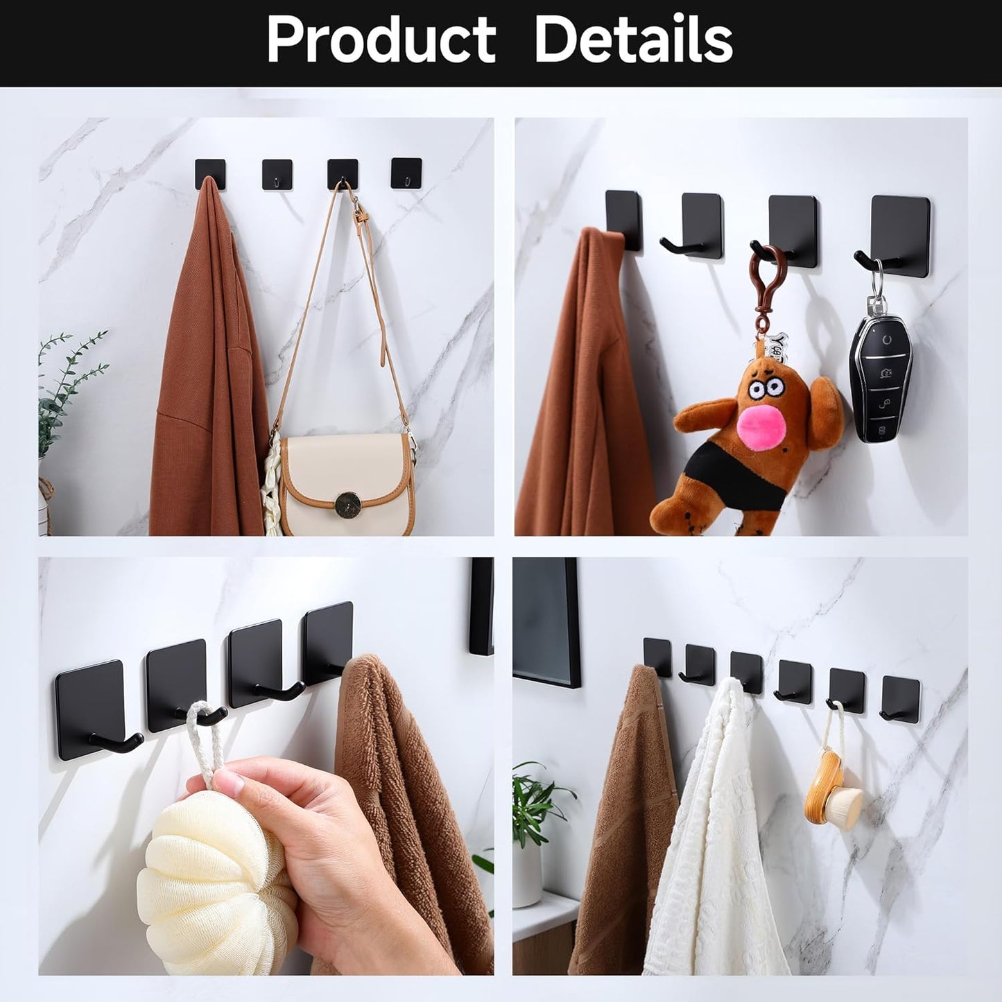 DELITON 6 Pack Towel Hooks for Hanging, Adhesive Hooks Stick on Wall for Bathroom Kitchen Heavy Duty Stainless Steel, Black