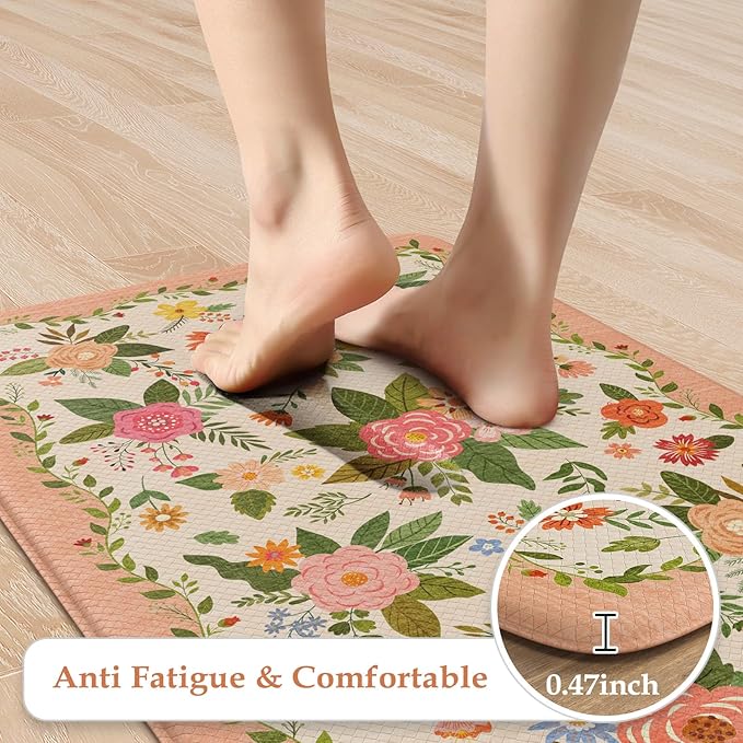 KIMODE Anti Fatigue Kitchen Mats, Padded Kitchen Floor Mats 17"x47"+17"x29", Farmhouse Kitchen Rugs Sets of 2, Pink Rugs for Kitchen Floor, Cushioned Standing Mat for Laundry Office Sink Desk