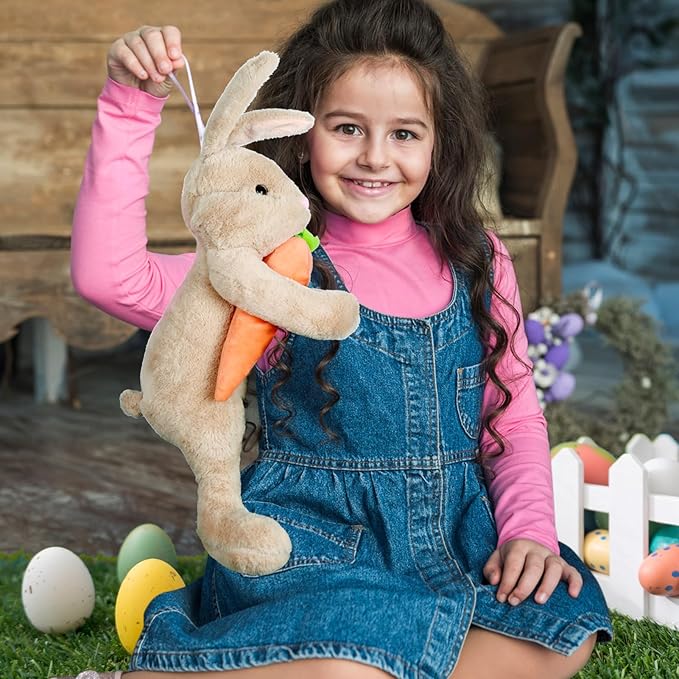 Easter Bunny Tree Topper Decorations,Spring Plush Rabbit Hugged Carrot for Tree Basket Stuffers Holiday Home Party Supplies Decor Gray