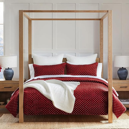 Levtex Home - Cross Stitch Velvet Red Quilt Set - Twin Quilt + One Standard Pillow Sham - Cross Stitched Pattern - Quilt Size (68x86in.) and Pillow Sham Size (26x20in.) - Reversible