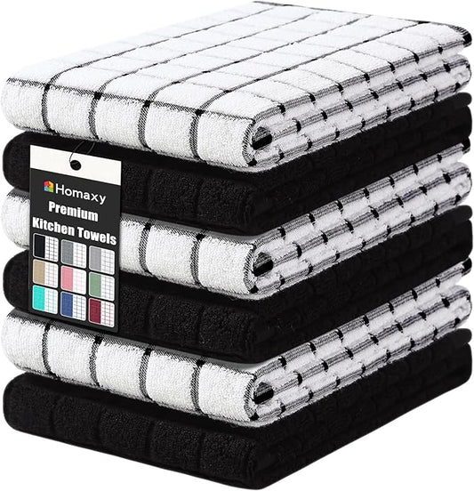 Homaxy Premium Cotton Kitchen Towels 16"x 28", Large Natural Ring Spun 390 GSM Dish Towels, Super Absorbent Terry Kitchen Hand Towels, Soft Tea Towel with Hanging Loop, Black Check Design, 6 Pack